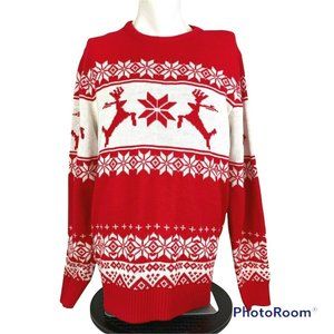H2H Red White Acrylic Sweater Snowflakes Reindeer Skiing